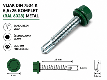VIJAK DIN 7504 K 5,5x25 KOMPLET (RAL 6028)-METAL